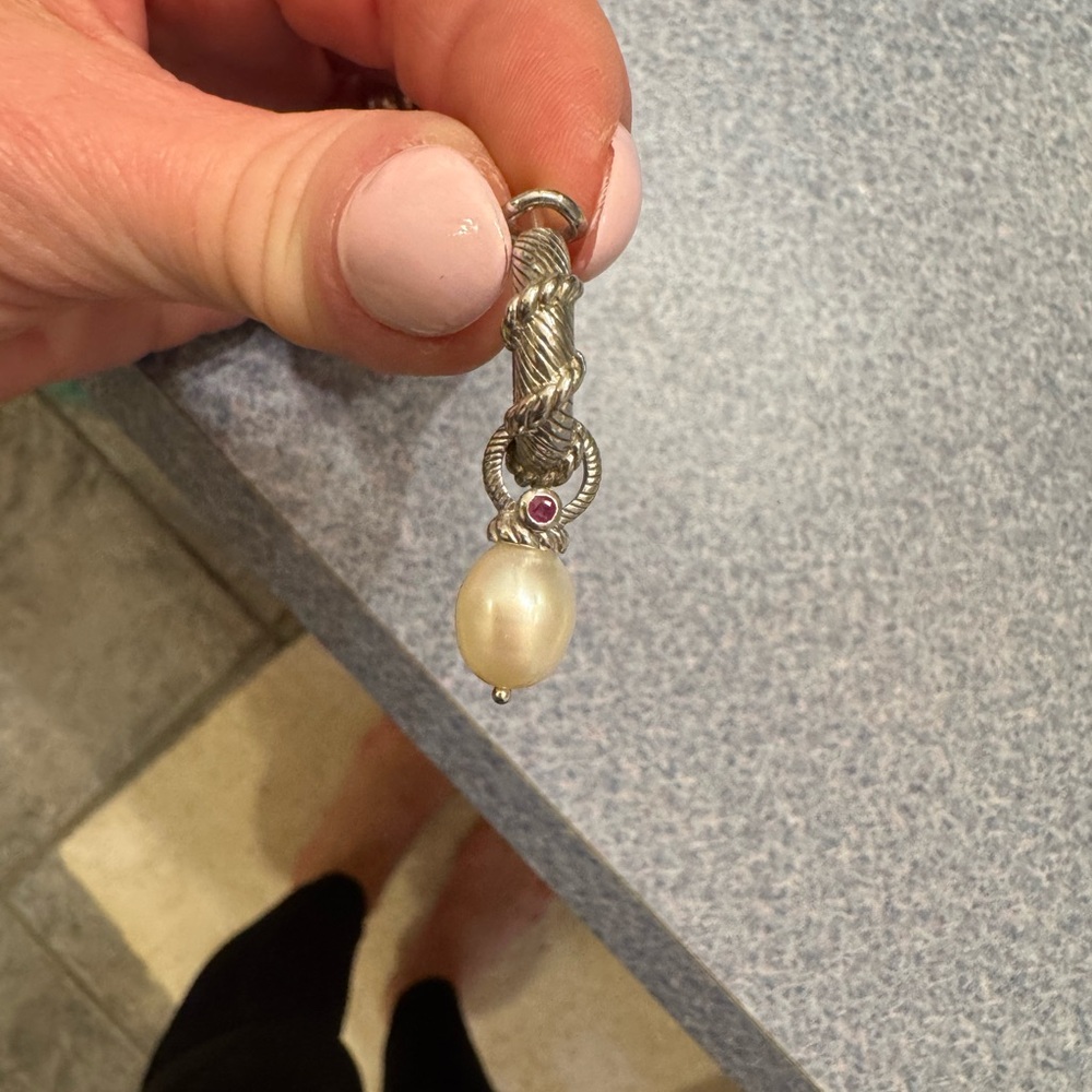 Judith Ripka Silver Rope Drop Pendant with Pearl and Pink Accent
